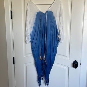 Blue and white dip died tunic with feather strings and tassel fringe bottom